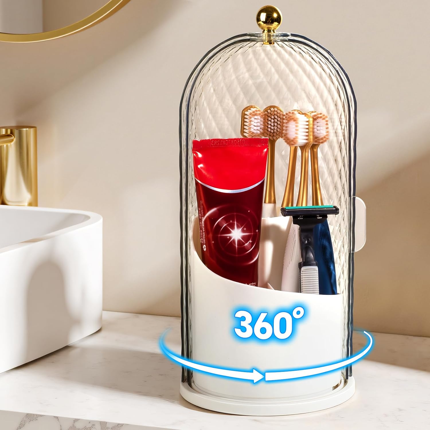 3 Slots Toothbrush Holders with Lid, Rotating Concealed Tooth Brush Holders for Bathroom, Countertop Toothbrush Holder with Cover, Toothpaste Holder for Bathrooms, Makeup Brush Holder(White)