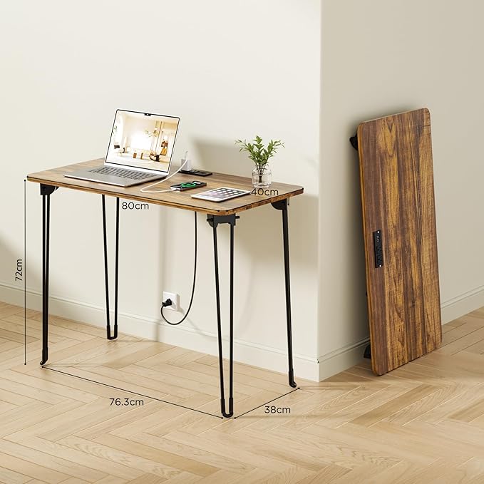 Folding Desk, 31.5" Hairpin Legs Small Desk with Power Strip for Bedroom, Space Saving Foldable Computer Desk for Home Office, No Assembly Need,Brown