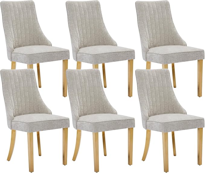 Dining Chairs Set of 6，Modern Channel Tufted Upholstered Dining Chairs with Golden Stainless Steel Legs, Comfortable Chenille Fabric Kitchen Chairs for Dining Room (Beige, 6pc)