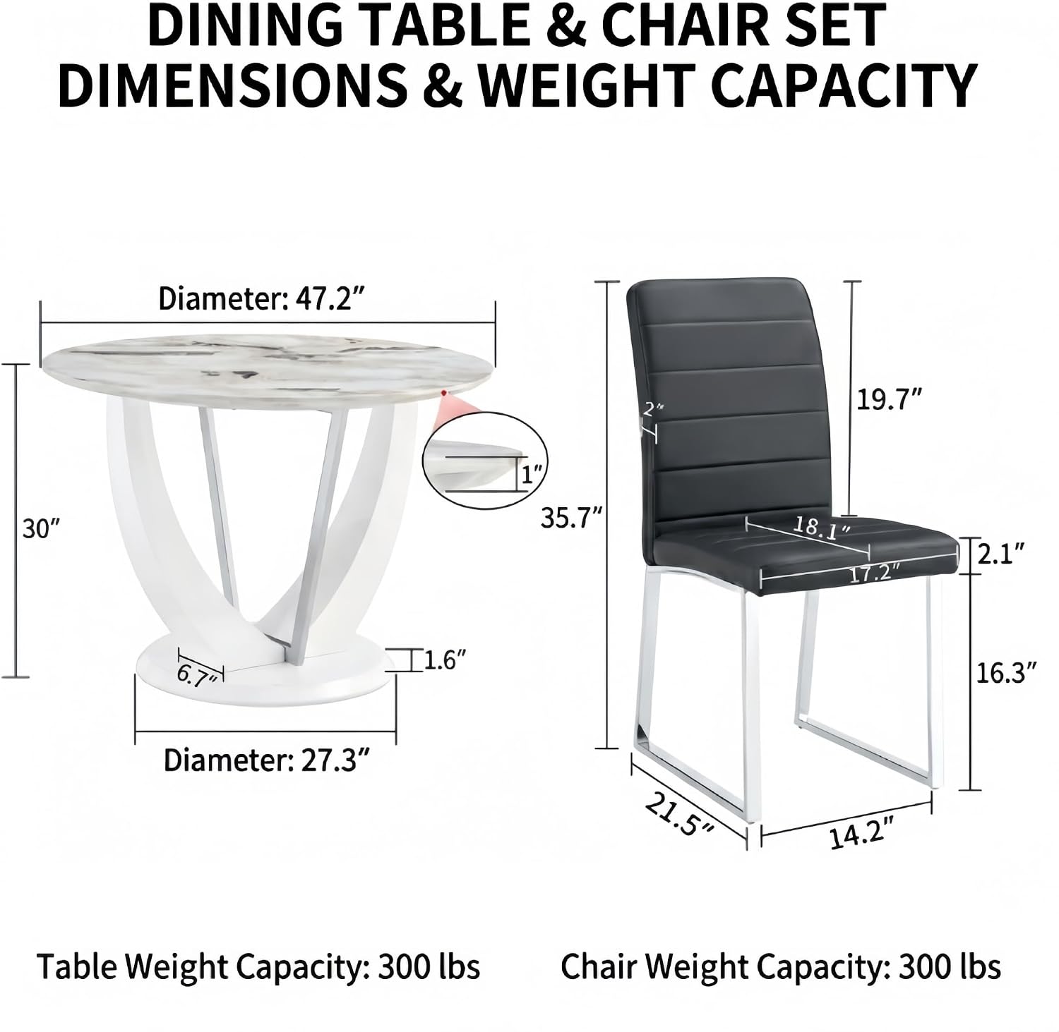 Modern 5 Piece Round Dining Table Set for 4, 47.2" White Faux Marble Kitchen Table with Black Upholstered PU Leather Chairs, Dining Room Furniture Set for Apartment, Breakfast Nook, Small Space