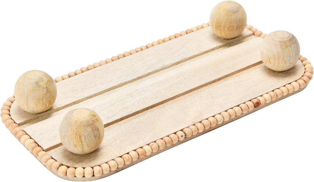 Mango Wood Pedestal with Wood Beads; Modern Footed Serving Tray/Decorative Wo...