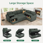 HONBAY Modular Sectional Sleeper Sofa with Pull Out Bed, Corduroy Couch with Storage Seats Ottoman, U Shaped Sectional Couches for Living Room, Green