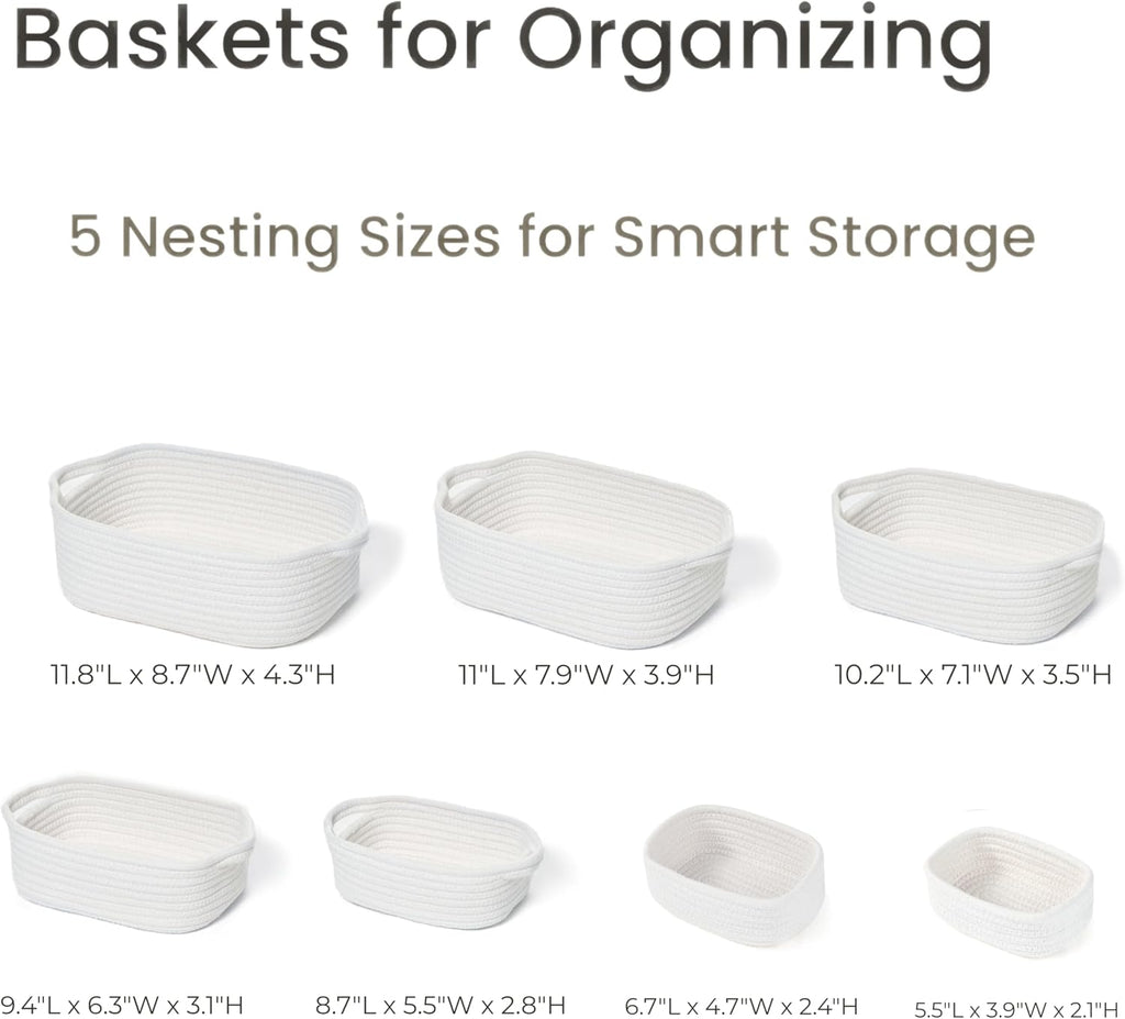 Storage Basket Set – 7-Piece Baskets for Organizing Home, Shelves, Nursery, Bathroom, Dog Toys, Small to Large Decorative Baskets – Off White