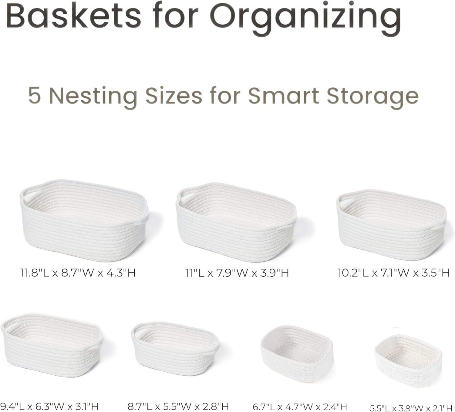 Storage Basket Set – 7-Piece Baskets for Organizing Home, Shelves, Nursery, Bathroom, Dog Toys, Small to Large Decorative Baskets – Off White