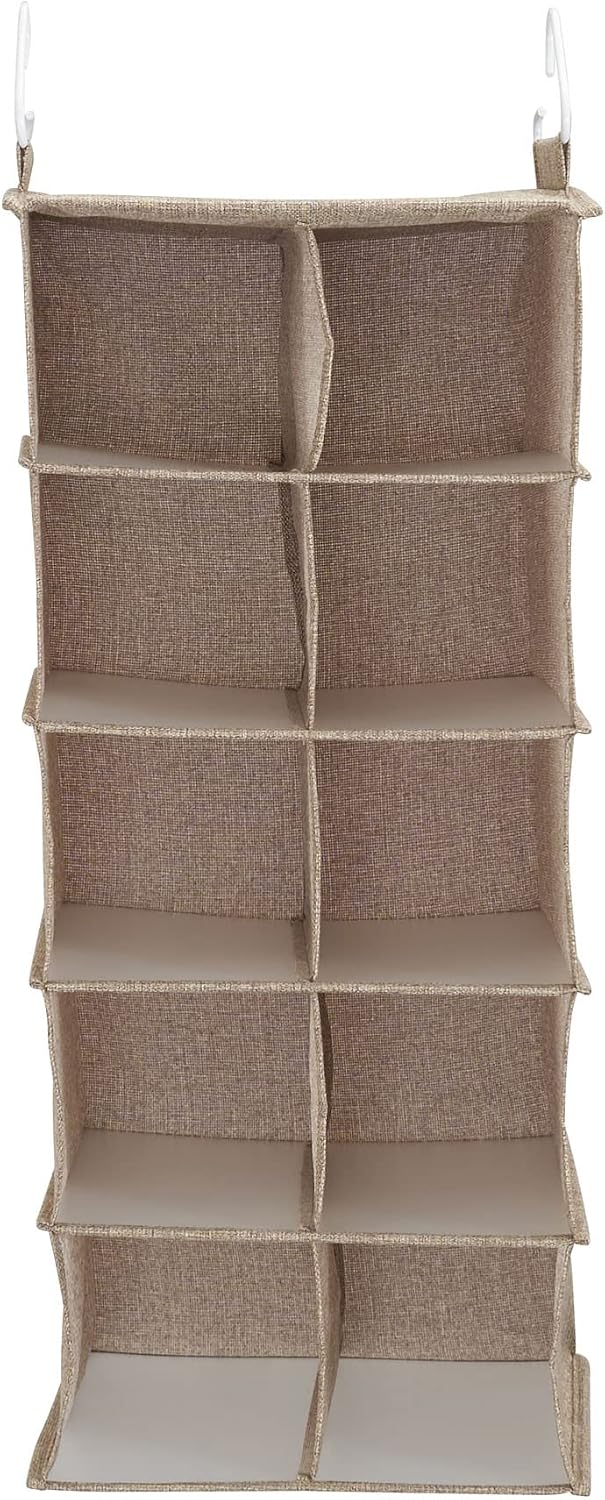 Household Essentials 10‑Pocket Hanging Shoe Organizer with Side‑by‑Side Canvas Storage and 2 Hooks for Support, Beige