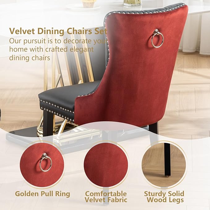 Dining Chairs Set of 6, Upholstered Dining Room Chairs with Back Ring Pull Trim and Solid Wood Legs, Modern Tufted Kitchen Chairs Perfect for Dining Room, Black Pu Leather Splicing WineRed Velvet