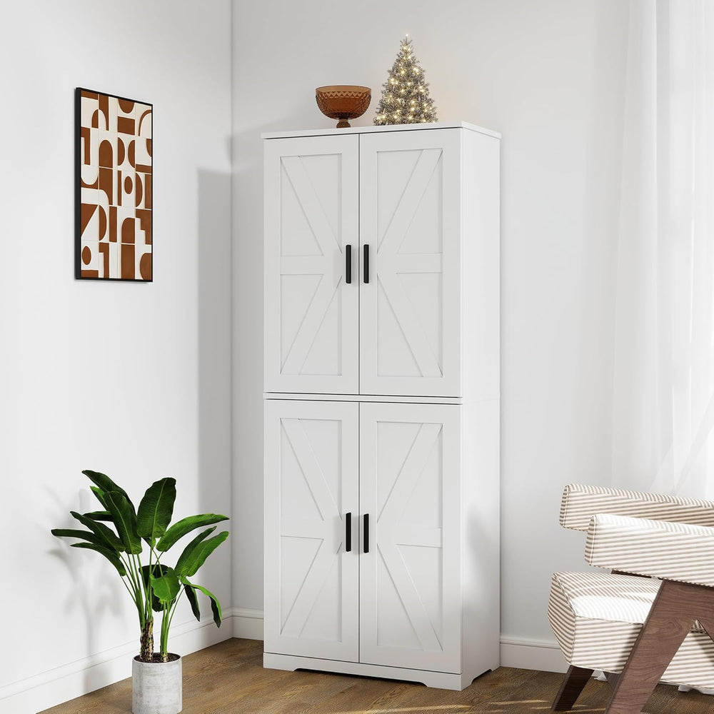 Farmhouse Storage Cabinet with 4 Door, Kitchen Pantry Storage with 4 Adjustab...