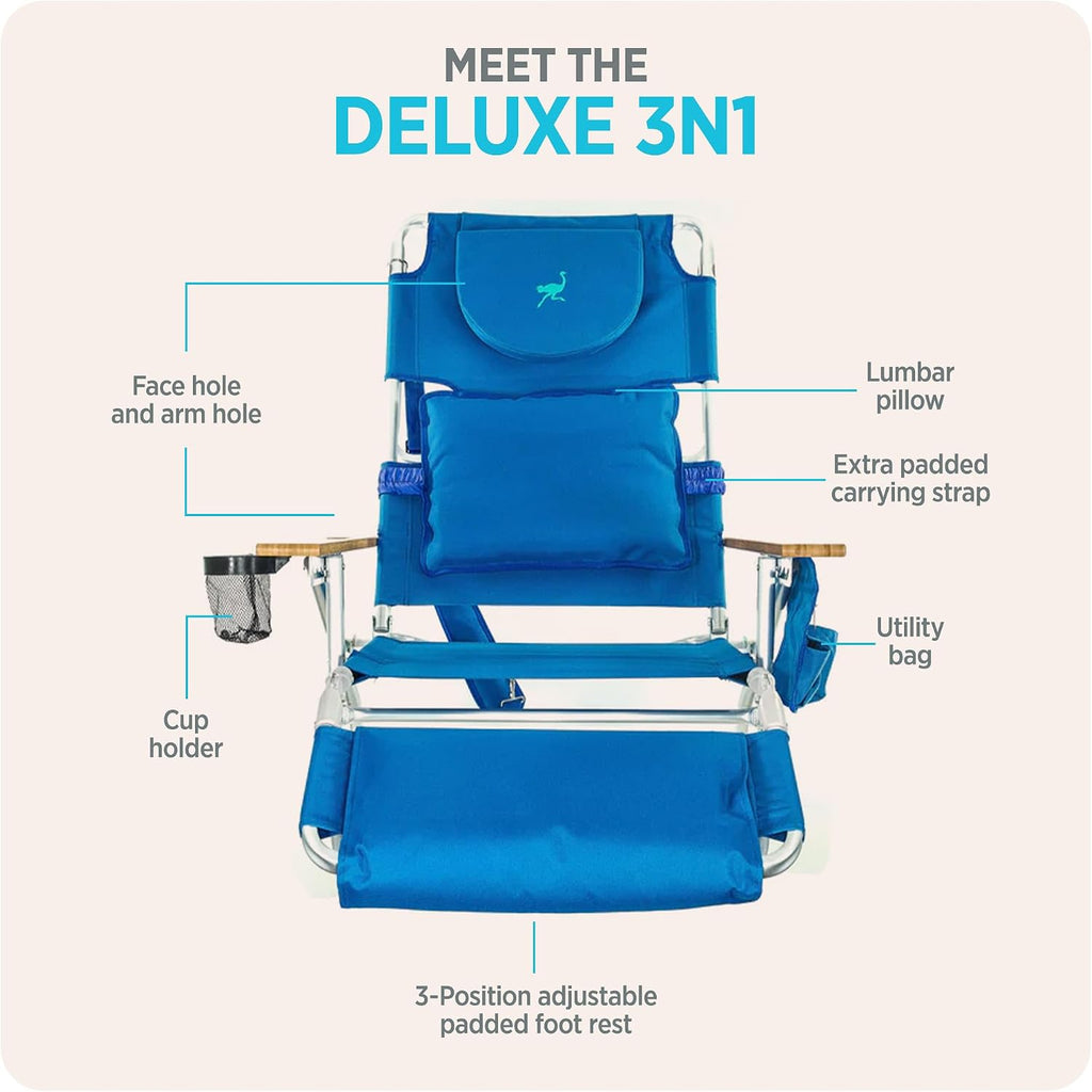 Ostrich the Deluxe 3N1 Lightweight Lawn Beach Reclining Lounge Chair with Footrest, Outdoor Furniture for Patio, Balcony, Backyard, or Porch, Blue
