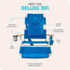 Ostrich the Deluxe 3N1 Lightweight Lawn Beach Reclining Lounge Chair with Footrest, Outdoor Furniture for Patio, Balcony, Backyard, or Porch, Blue