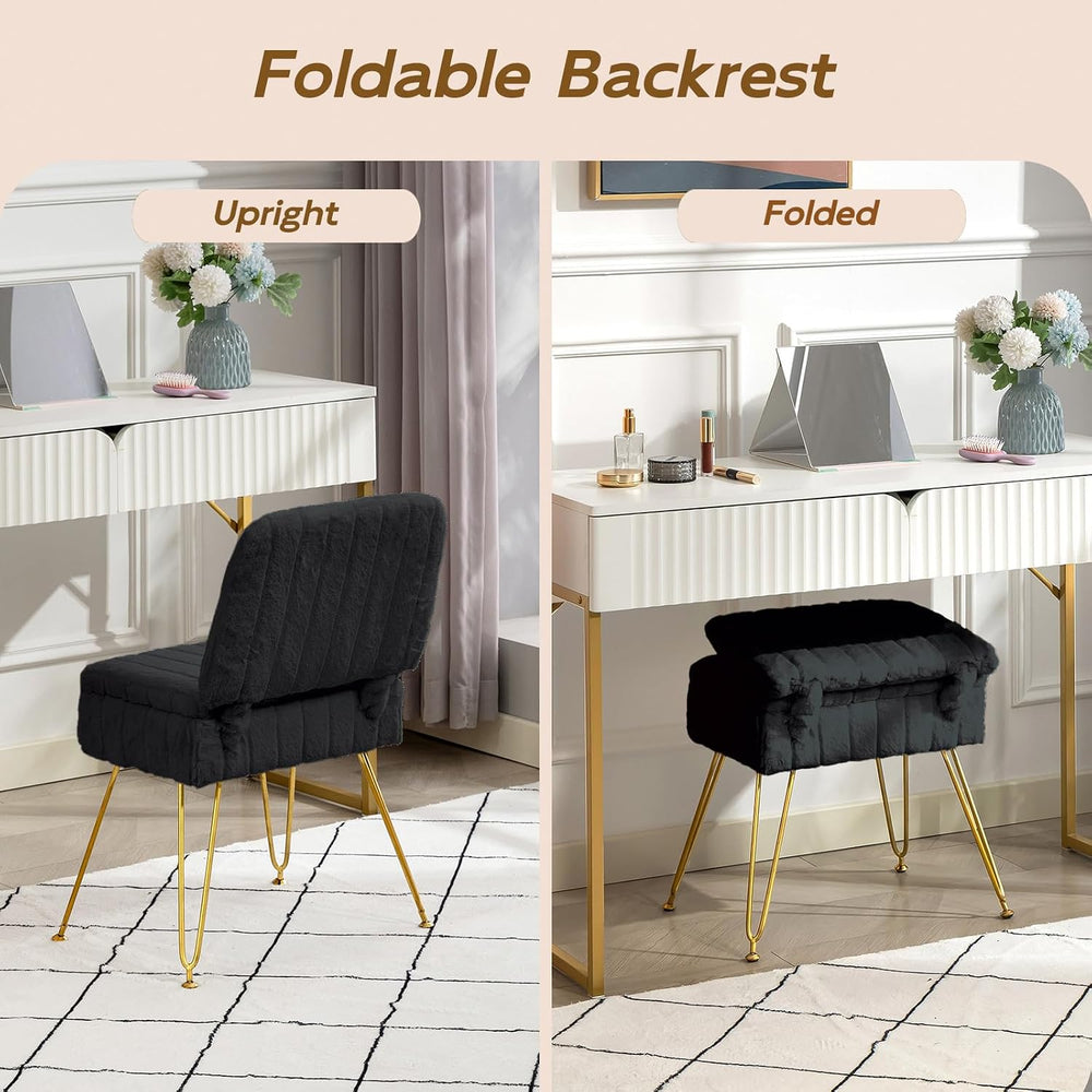 Vanity Chair with Storage | Comfy Ottoman with Folding Back | Faux Fur Vanity...