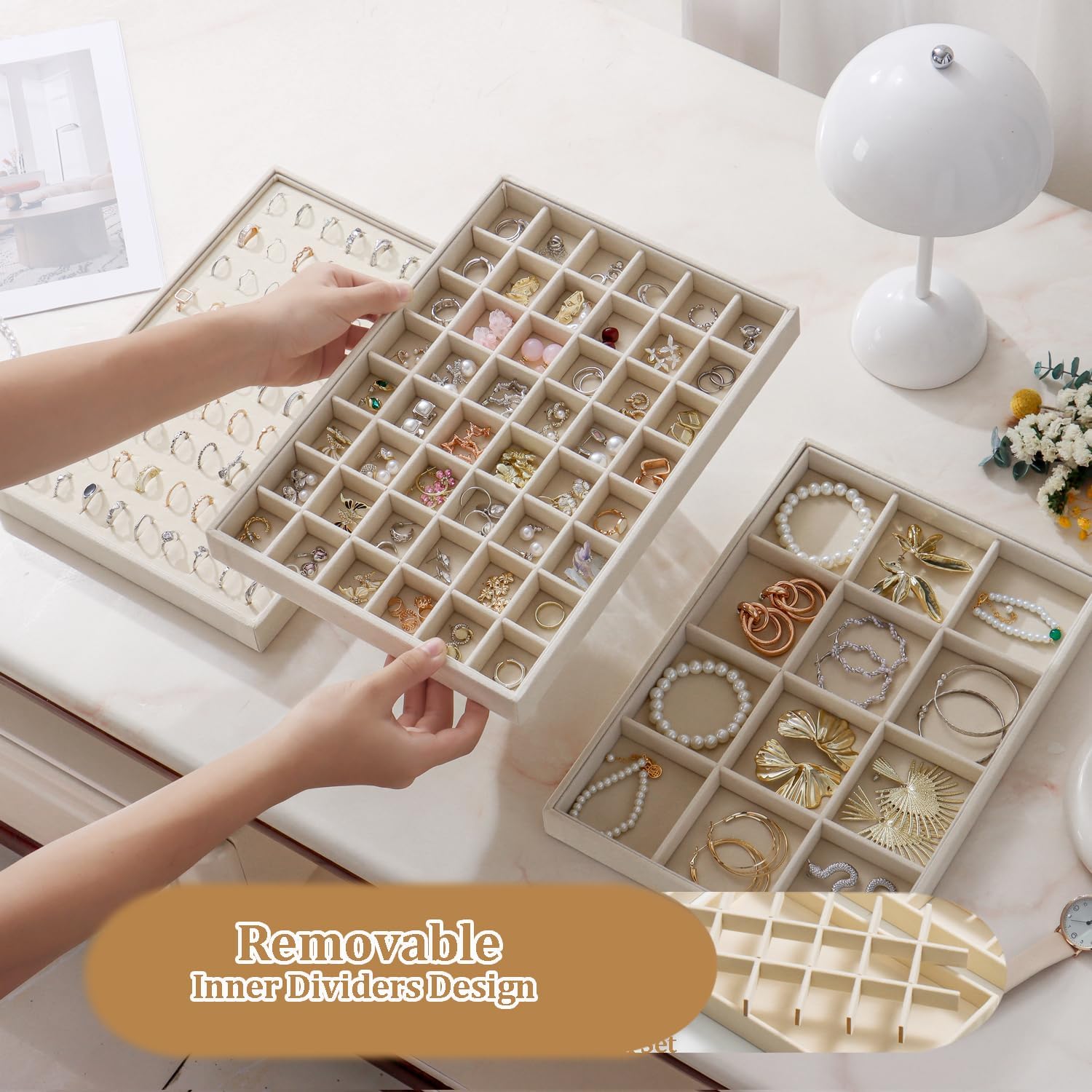 Large Velvet Jewelry Tray 2 Pack Stackable Jewelry Display Drawer Inserts Trays Organizer for Earring Bracelet Necklace Ring (Beige, 48 Grids)