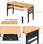 Betterhood 60" Heavy-Duty Adjustable Workbench for Garage, Rubber Wood Shop Table W/Double Pegboards & Drawer,Hardwood Workstation Weight Capacity Over 2000 Lbs