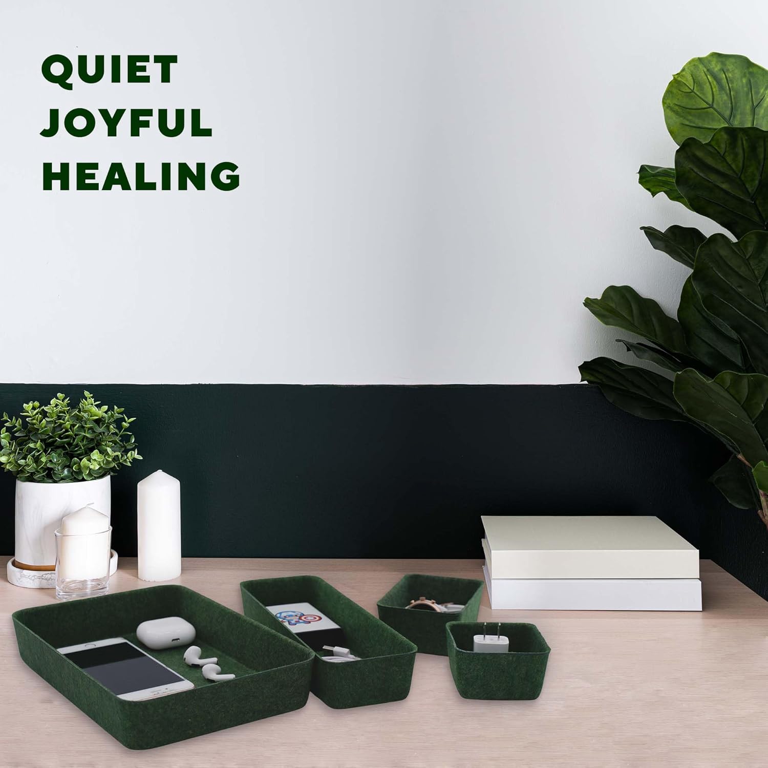 Welaxy Desk drawer organizer bins shallow trays felt storage desktop box for jewelry watches office supplies makeup small key holder minimalism 8-piece (Forest Green)