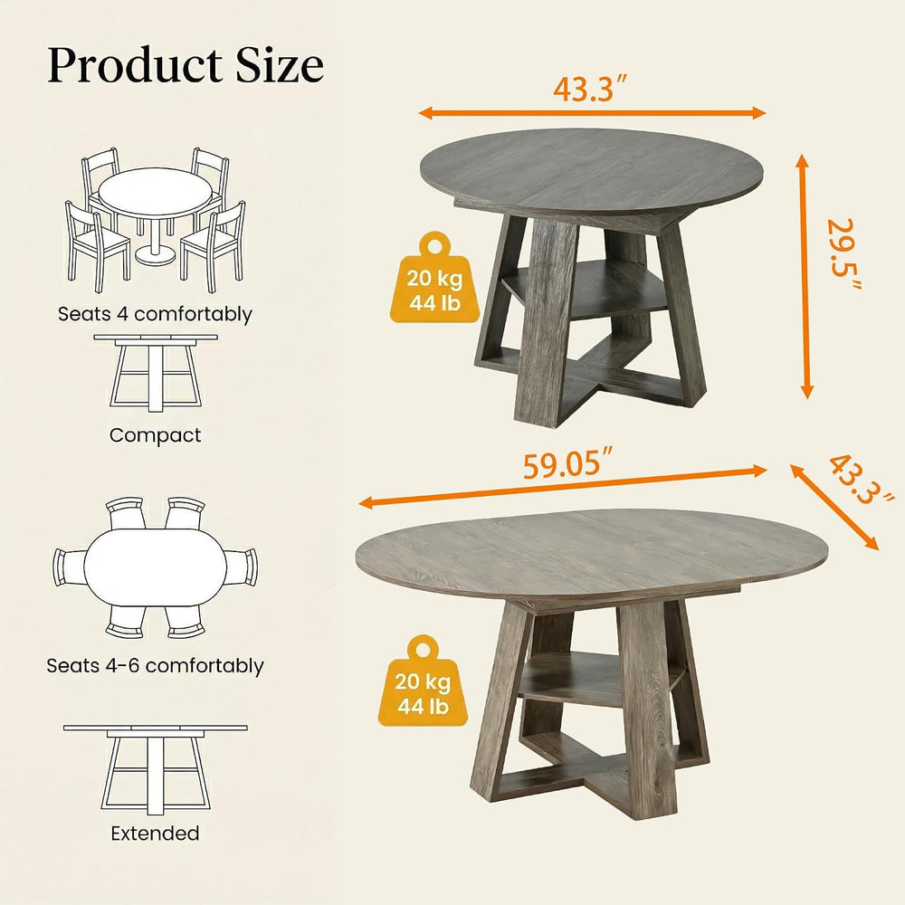43.3"-59" Round Extendable Dining Table for 4-6 Industrial Grey Woo...