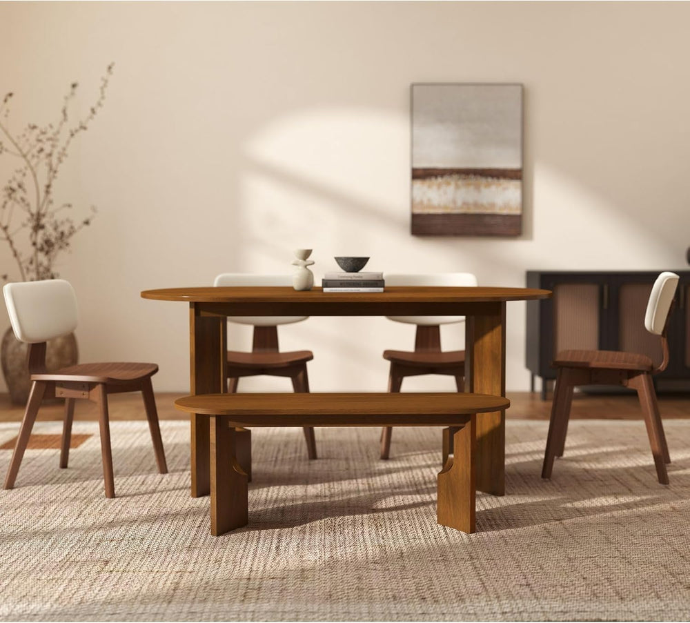 VESCASA 47.25" L Walnut Wood Oval Bench, Solid Wood Dining Bench with Wo...