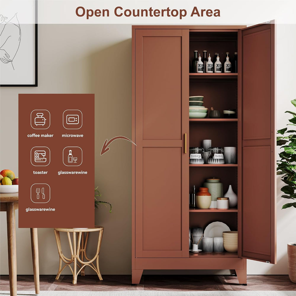YAUWOH 71''Metal Cabinet with 4 Adjustable Shelves,5-Tier Pantry Stor...