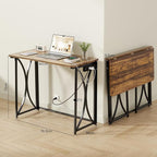Small Desk, 31.5" Folding Table for Bedroom with Power Outlet, Space Saving Folding Computer Desk for Home Office, Easy Assembly, Brown