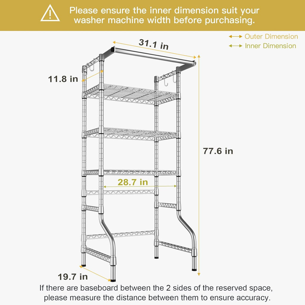 Ulif U11 Medium Over Washer and Dryer Shelves, 3 Tiers Laundry Room Storage and Organizer Standing Shelf, Metal Freestanding Clothes Drying Rack, 31.1" W x 19.7" D x 77.6" H, Chrome