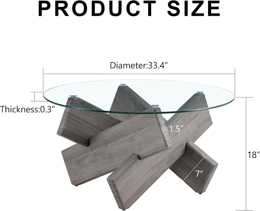 Round Glass Top Coffee Tables, 33.4 Inch Gray Coffee Table with Crossed Legs, Modern Mid Century Round Coffee Tables for Living Room, Circle Glass Coffee Tables for Living Room