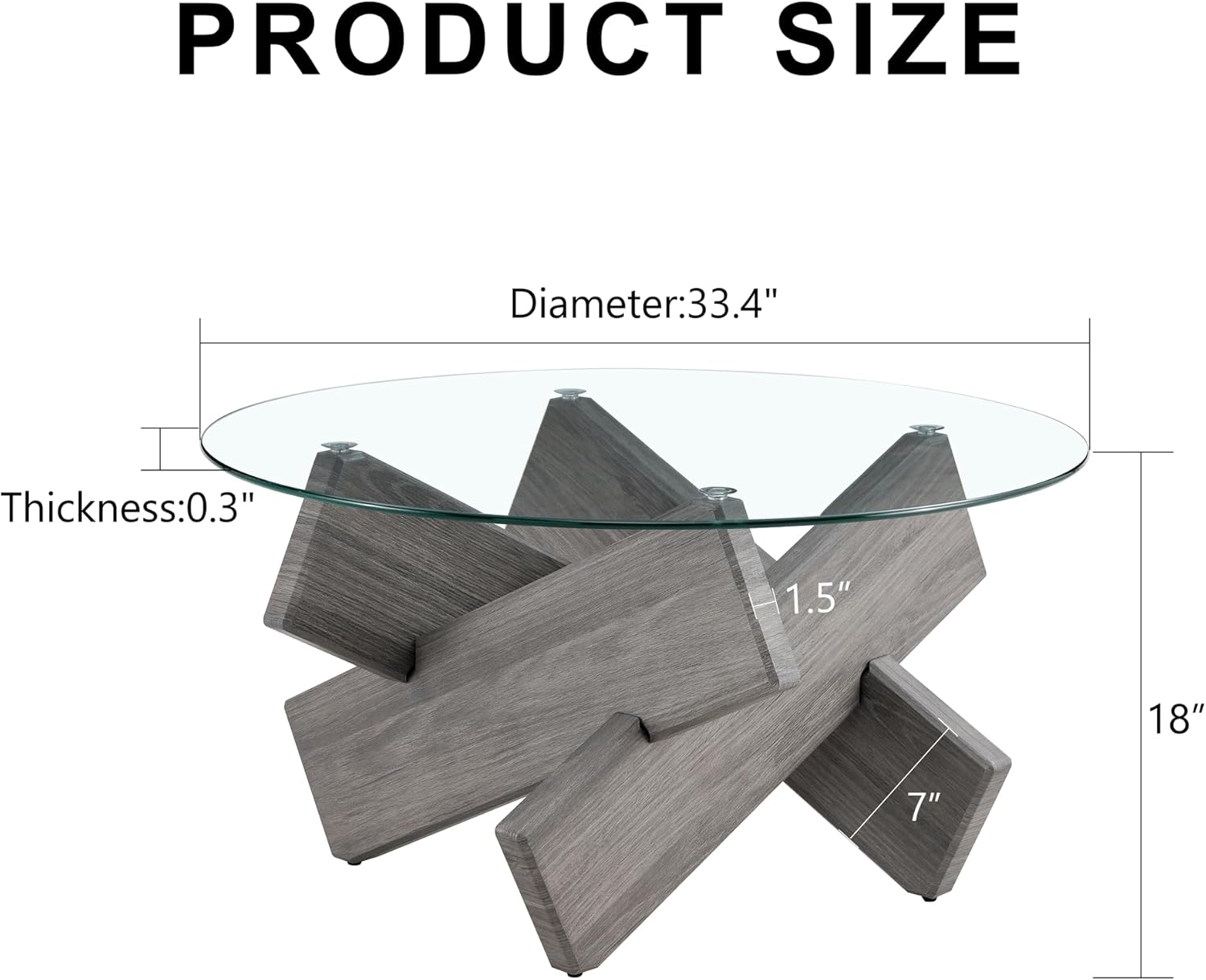 Round Glass Top Coffee Tables, 33.4 Inch Gray Coffee Table with Crossed Legs, Modern Mid Century Round Coffee Tables for Living Room, Circle Glass Coffee Tables for Living Room