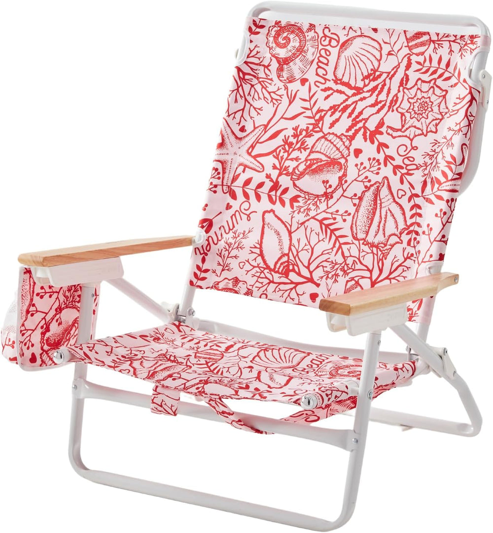 5-Position Low Beach Chair, Portable Lightweight Folding Beach Chair with Woo...