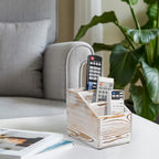 Wooden Remote Control Holder Organizer, 3 Compartment Storage Slots, TV Remote Holder for Table, TV Remote Media Remote Storage Box for Living Room (Vintage White)