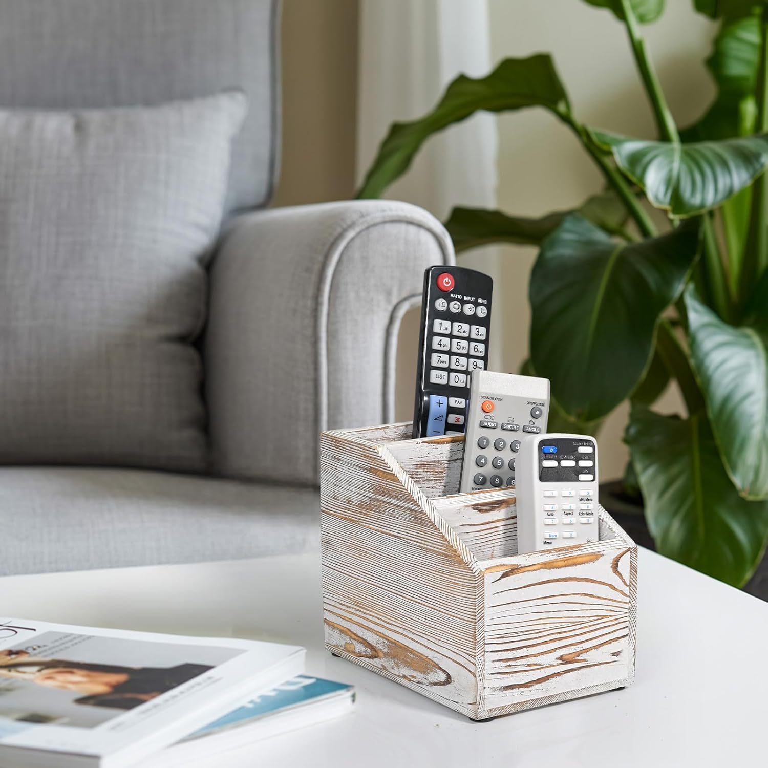 Wooden Remote Control Holder Organizer, 3 Compartment Storage Slots, TV Remote Holder for Table, TV Remote Media Remote Storage Box for Living Room (Vintage White)