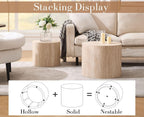 CIMOTA Round Wood Nesting Coffee Table Set of 2, Modern Circle Travertine End Side Table Sets for Living Room, Light Wooden Color/No Assembling