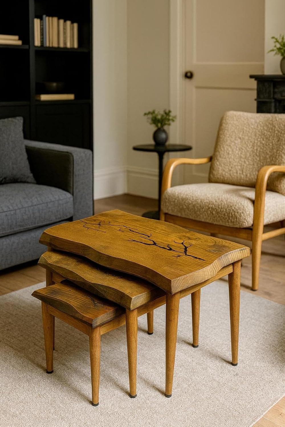 SODEF Handmade Walnut Wood Side Table Set, 3-Piece Nesting Tables, Wood Grain...
