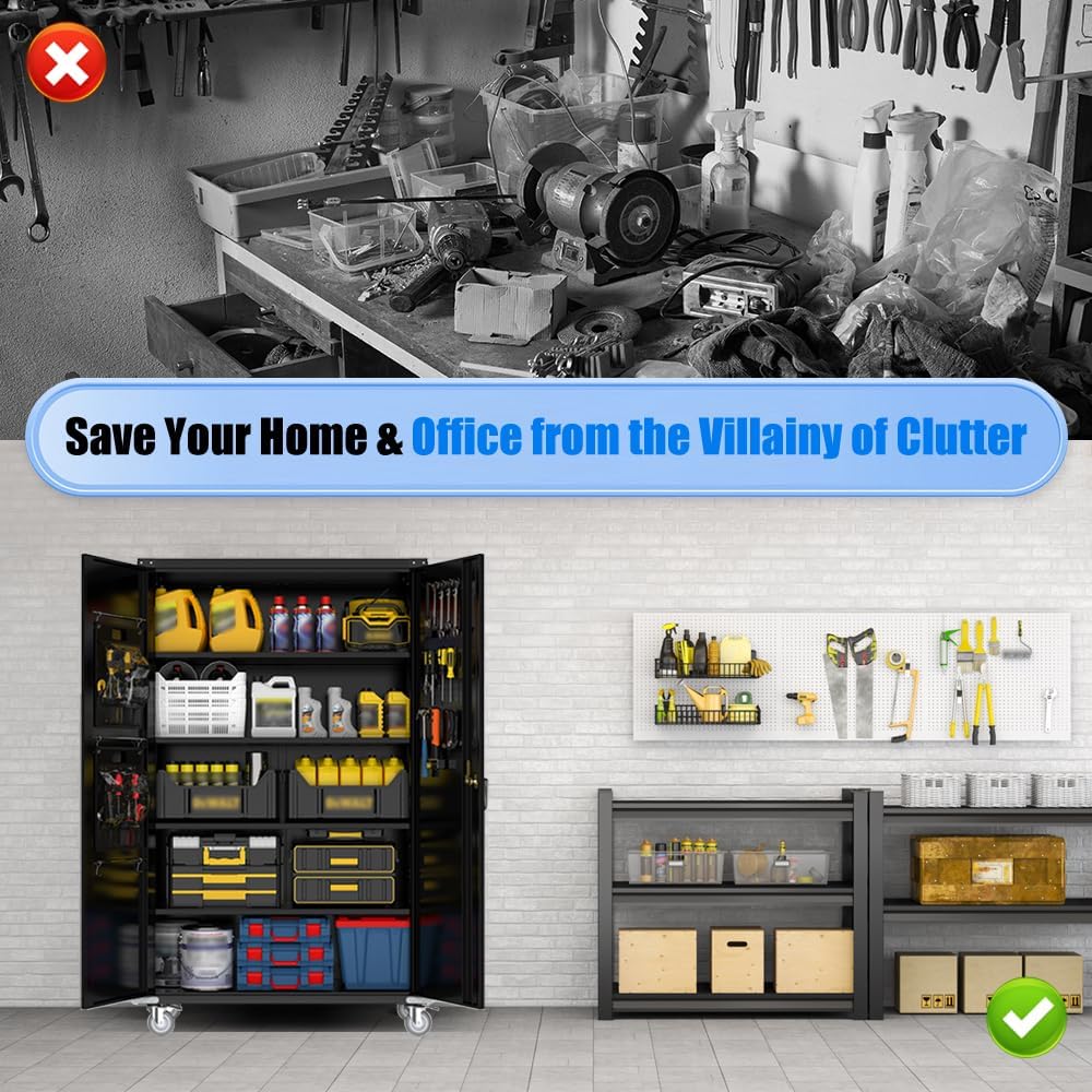 Yeeoy 72" Wide & Deep Metal Garage Storage Cabinet with Wheels, Blac...