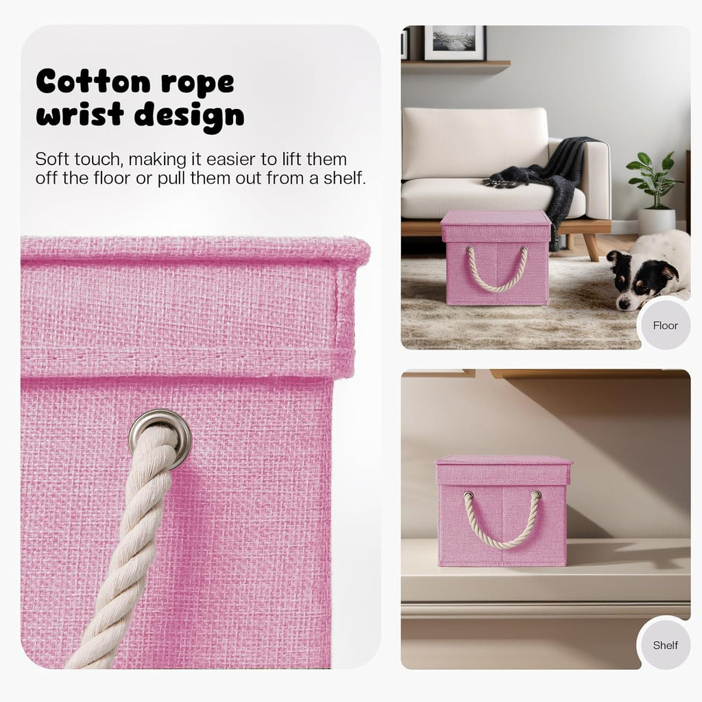 Dog Toy Basket with Lid, Dog Basket for Toys, Dogs Toy Box with Cotton Rope Handles, Collapsible Storage Bins for Pet Toys, Dogs Storage Organizer, Pink