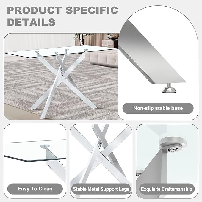 51 Inch Glass Dining Table Set for 4, Rectangular Glass Kitchen Table with 4 Upholstered Velvet Accent Chairs, 5 Piece Modern Dining Room Set, for Home, Apartment, Small Spaces - Beige Silver