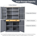 71.3" Freestanding Kitchen Pantry Cabinet with 2 Drawers, 8 Door Shelves & Adjustable Shelves, Large Farmhouse Storage for Kitchen Dining Room, Gray