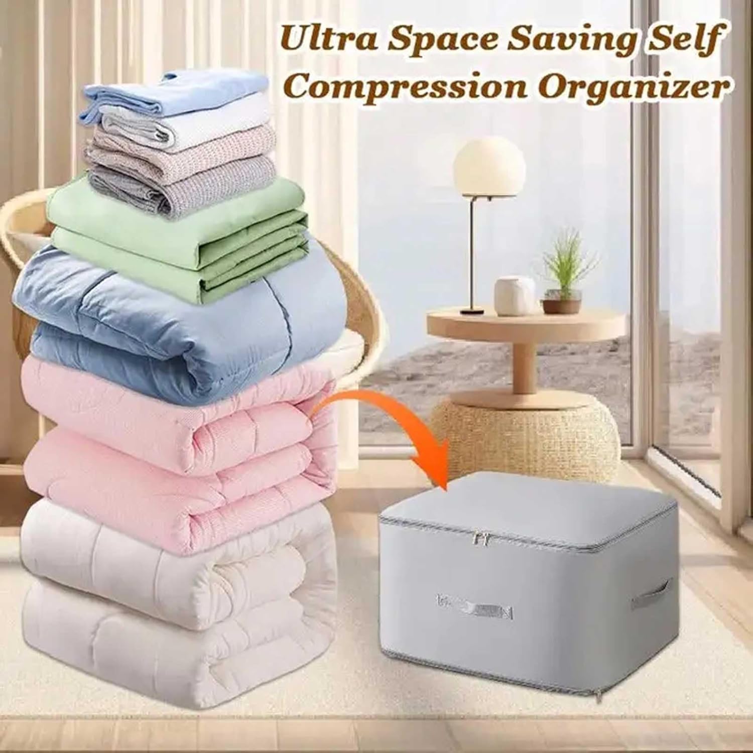 2PCS Ultra Space Saving Self Compression Organizer,Dustproof And Moisture-Proof Compression Storage Bag For King/Queen Comforters, Pillows, Bedding/Quilt, Blanket, Duvet (Gray, X-Large)