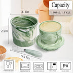 Ceramic Butter Crock with Lid & Spreader Knife, Butter Keeper - Ideal Butter Storage & Countertop Butter Dish (Marble Green with Marble Green Knife, M)