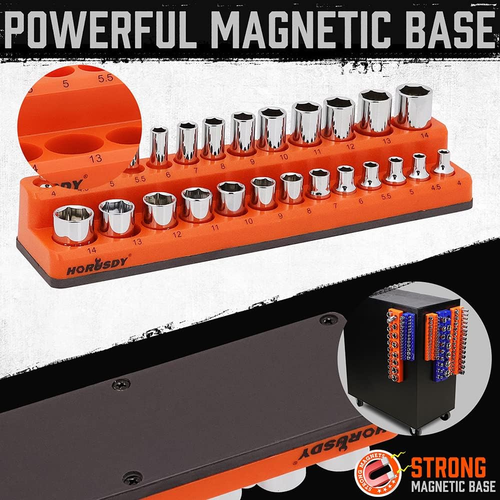 HORUSDY 6-Piece Magnetic Socket Organizer Set, 1/4", 3/8", 1/2" Drive Holders for 143pcs, Magnetic Trays for Socket Storage