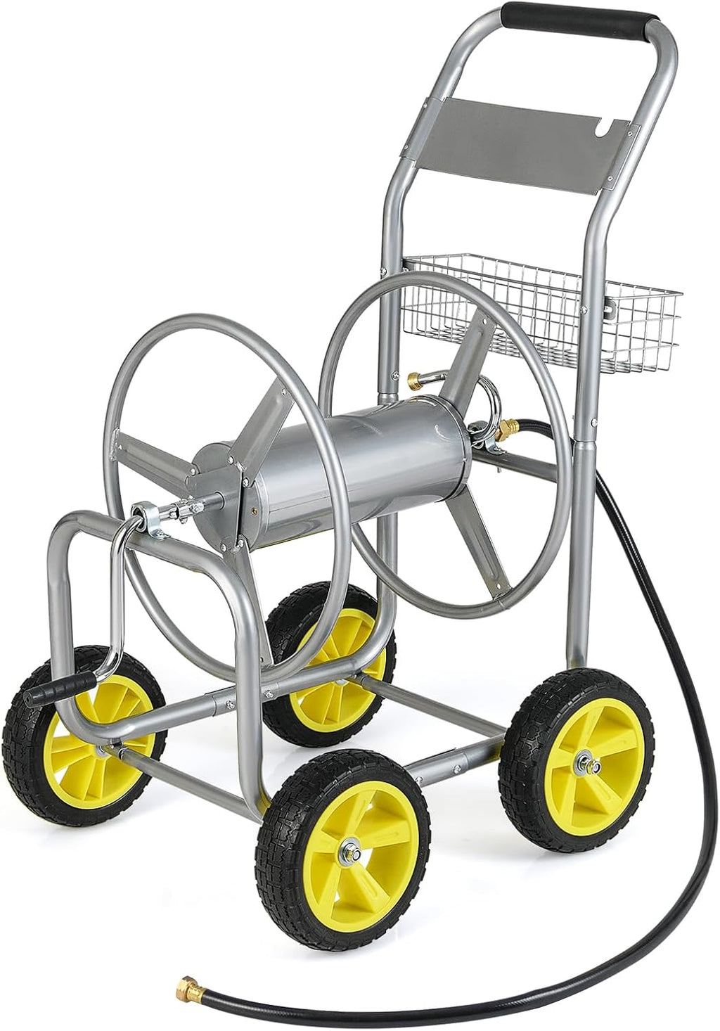 Goplus Garden Hose Reel Cart, 300 FT of 5/8" Large Capacity, Heavy-Duty Metal Hose Cart w/ 4 Wheels, Storage Basket, Portable Water Hose Organizer for Outside Yard, Outdoor Planting Tool (Silver)