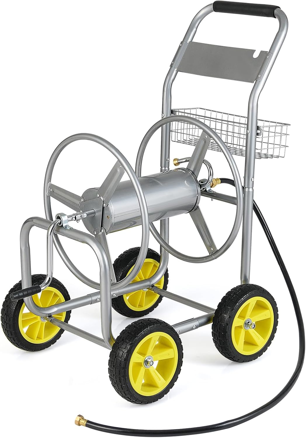 Goplus Garden Hose Reel Cart, 300 FT of 5/8" Large Capacity, Heavy-Duty Metal Hose Cart w/ 4 Wheels, Storage Basket, Portable Water Hose Organizer for Outside Yard, Outdoor Planting Tool (Silver)