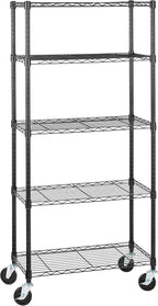 Amazon Basics 5-Shelf Adjustable, Heavy Duty Storage Shelving Unit on 4'' Wheel Casters, Metal Organizer Wire Rack, 30" L x 14" W x 64.75" H, Black