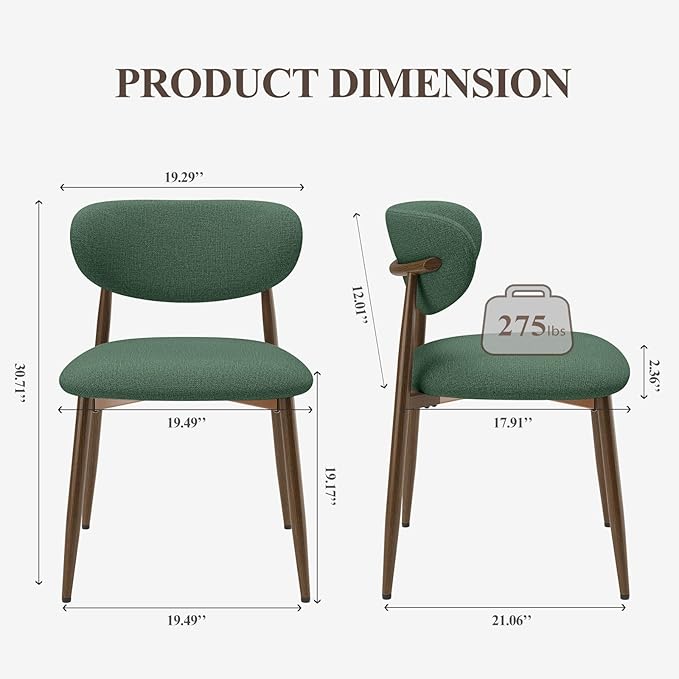 Dining Chairs Set of 2, Upholstered Dining Room Chairs with Metal Legs and Anti Slip Pads, Curved Back Kitchen Chair for Home and Restaurant Use, Green