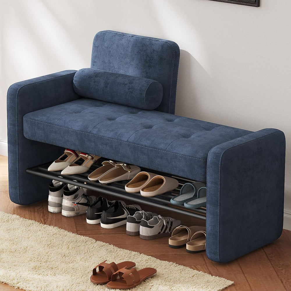 Miuuod 40.94" Navy Blue Upholstered Shoe Storage Bench with Adjustable B...