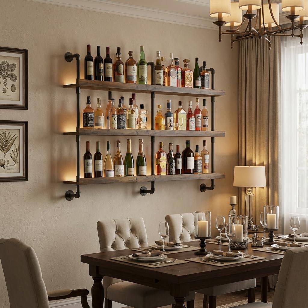 3-Tier Wall Mounted Wine Rack with LED & Bar Shelf | 47.2" Wine Bottles Display Shelf, Liquor Display & Storage, Floating Bar Shelves Wall Mounted, Kitchen, Home Bar & Dining