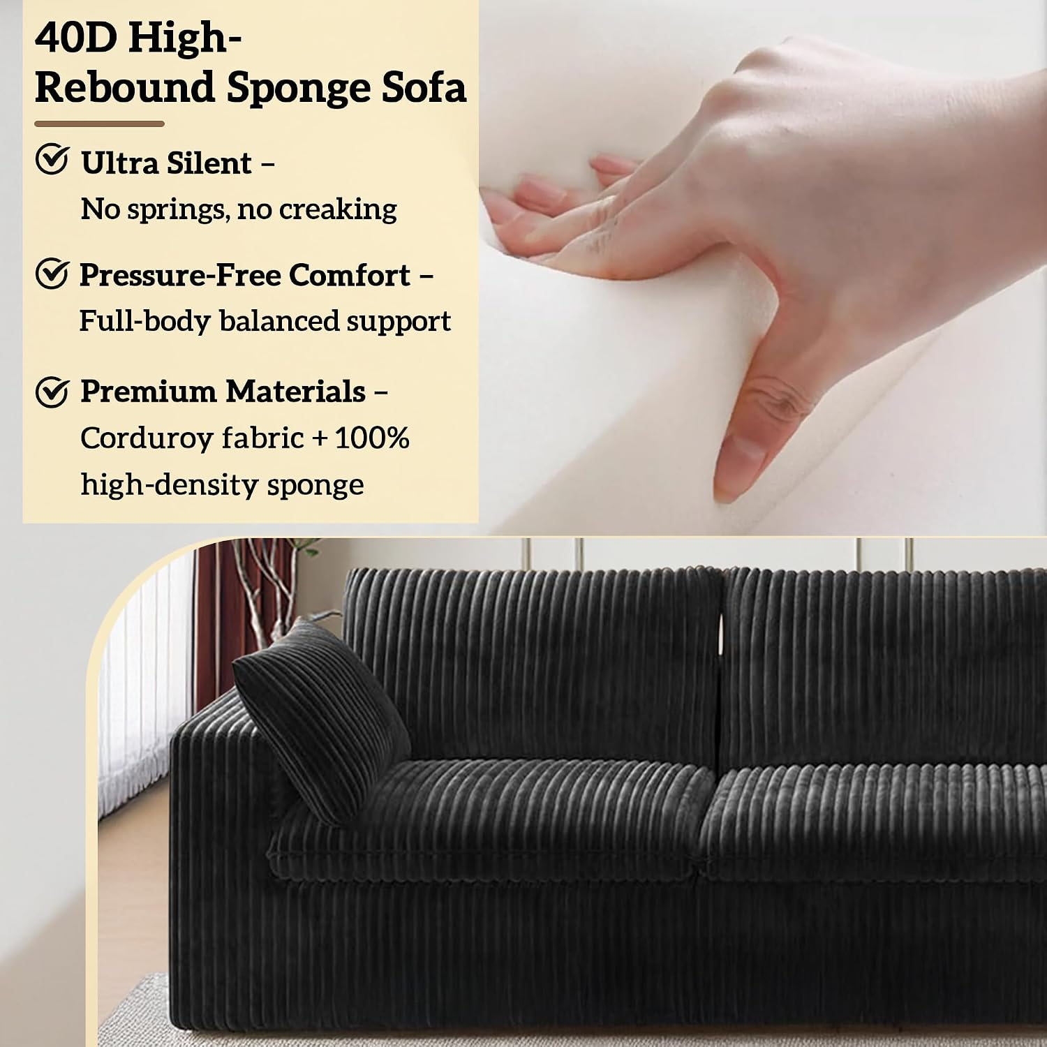 78.8" Cloud Couch Modular Sectional Sofa, Boneless Loveseat Deep Seat Couch, Soft Corduroy Upholstery, DIY Combination for Living Room & Apartment, No Assembly Required, Black