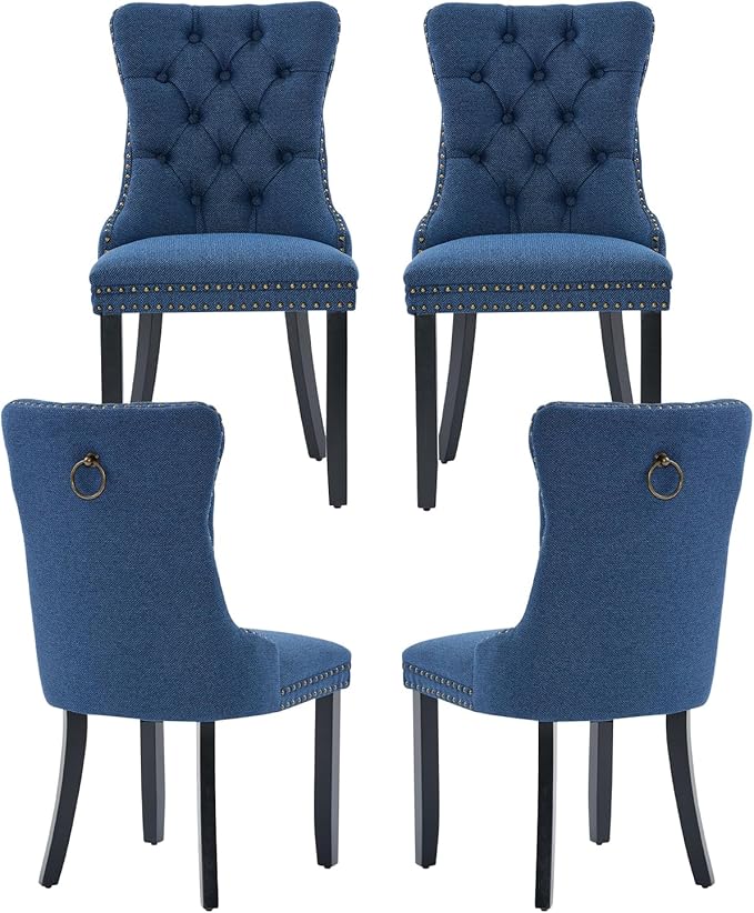 Blue Dining Chairs Set of 4, Upholstered Tufted Linen Fabric Dining Room Chairs with High Back, Nailhead Trim and Black Solid Wood Legs, Modern Dining Chair for Dining Room, Kitchen(Blue)