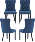 Blue Dining Chairs Set of 4, Upholstered Tufted Linen Fabric Dining Room Chairs with High Back, Nailhead Trim and Black Solid Wood Legs, Modern Dining Chair for Dining Room, Kitchen(Blue)