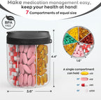 Pill Dispenser with 7 Large Compartments, 4.4" H x 3.6" Dia Pill Organizer for Travel, Supplement Organizer with Anti-Mixing Design, BPA-Free Pill Container with 20 Pcs Labels, Black+ Purple