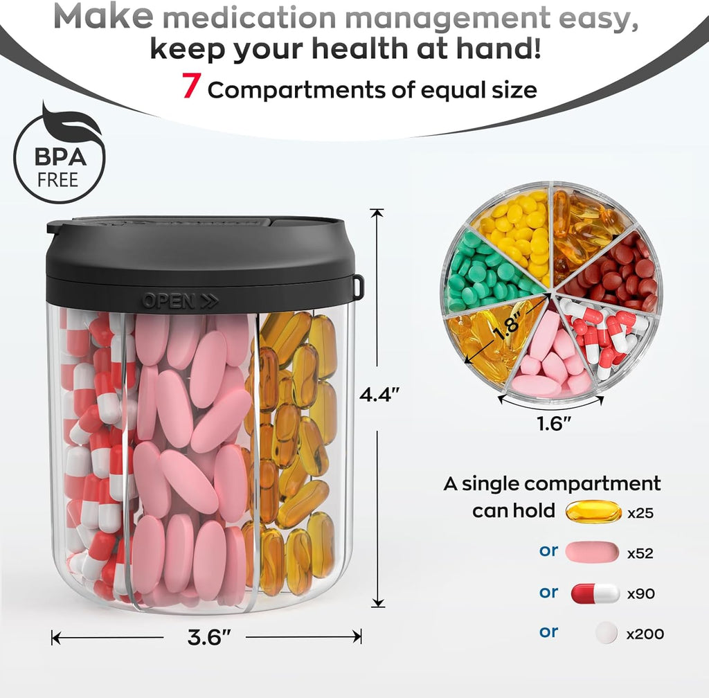 Pill Dispenser with 7 Large Compartments, 4.4" H x 3.6" Dia Pill Organizer for Travel, Supplement Organizer with Anti-Mixing Design, BPA-Free Pill Container with 20 Pcs Labels, Black+ Beige