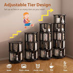Solid Wood Rotating Bookshelf on Wheels, 5 Tier, Round Revolving Bookcase, 360° Spinning Book Shelf Tower for Kids, Narrow Rolling Bookshelves for Small Space, Corner, Bedroom, Office, Black