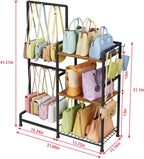 Purse Storage Organizer for Women, 3-Tier Max Purse Storage Stand Rack Holder & Bag Shelf for Closet,12 Fixed Hooks& 3 Side Hooks,Keeping Purses Visible,Purse Display & Bag Organizer for Various Bags