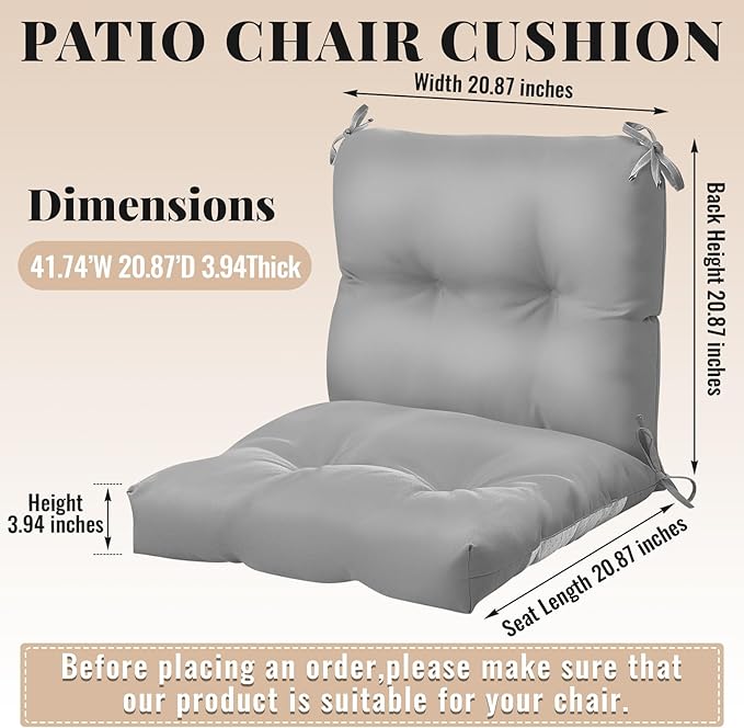 Geetery Outdoor Chair Cushions Set of 4 for Patio Lawn Furniture Wicker Rocking Dining Chairs 42x21x4 Inch High Back Seat Pads Replacement with Ties Weather-resistant Fade-resistant Indoor(Light Grey)